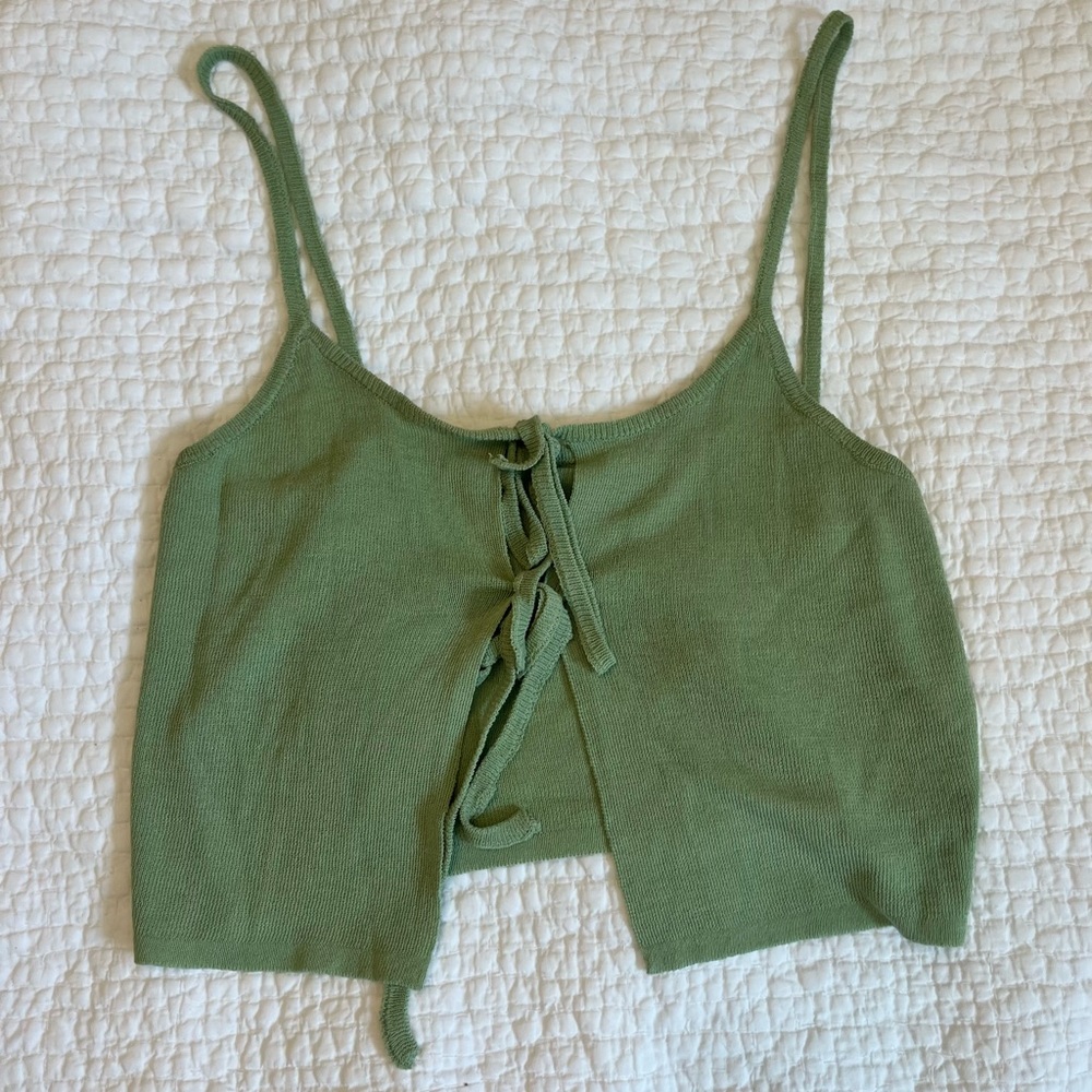 Green tie front tank top